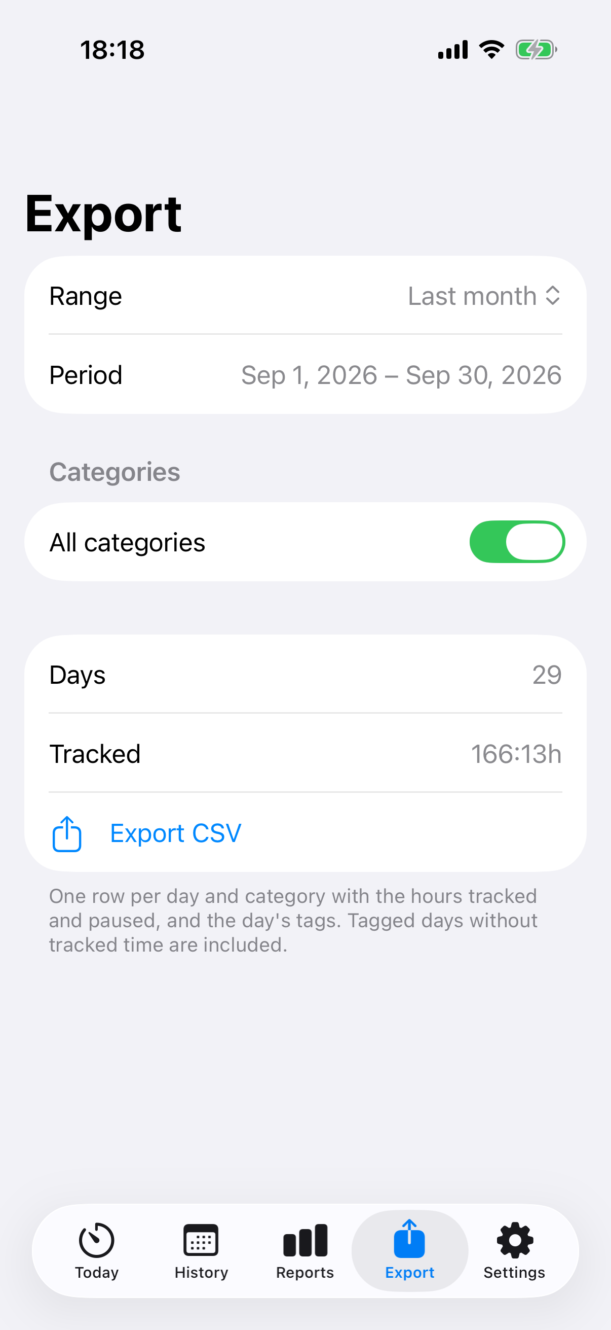 CSV export for selected categories and date ranges