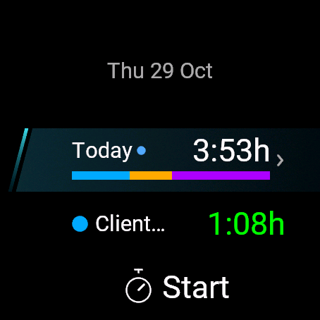 Fugit on a watch: today's total of 3:53 hours with a coloured bar per category, and a running Client work timer